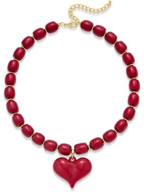 Women's Wine Red Acrylic Beaded Choker Necklace Chunky Heart Pendant Jewelry